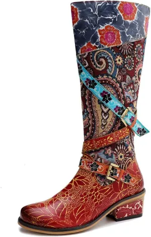 Socofy Womens Leather Knee Long Block Heels Boots, Vintage Bohemian Long Boots Handmade Flat Knee Boots Winter Snow Boots Cowgirls Wide Calf Splicing Pattern Anti Slip Walking Boots for Party Wedding