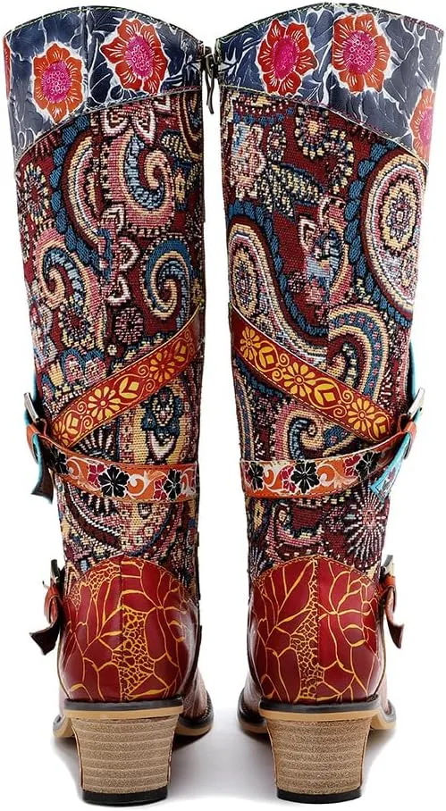 Socofy Womens Leather Knee Long Block Heels Boots, Vintage Bohemian Long Boots Handmade Flat Knee Boots Winter Snow Boots Cowgirls Wide Calf Splicing Pattern Anti Slip Walking Boots for Party Wedding