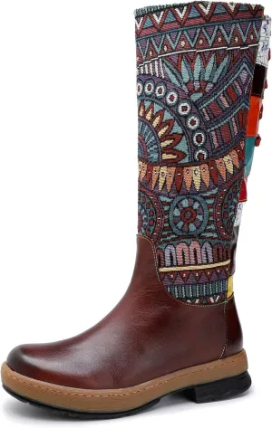 Socofy Womens Leather Knee Long Block Heels Boots, Vintage Bohemian Long Boots Handmade Flat Knee Boots Winter Snow Boots Cowgirls Wide Calf Splicing Pattern Anti Slip Walking Boots for Party Wedding