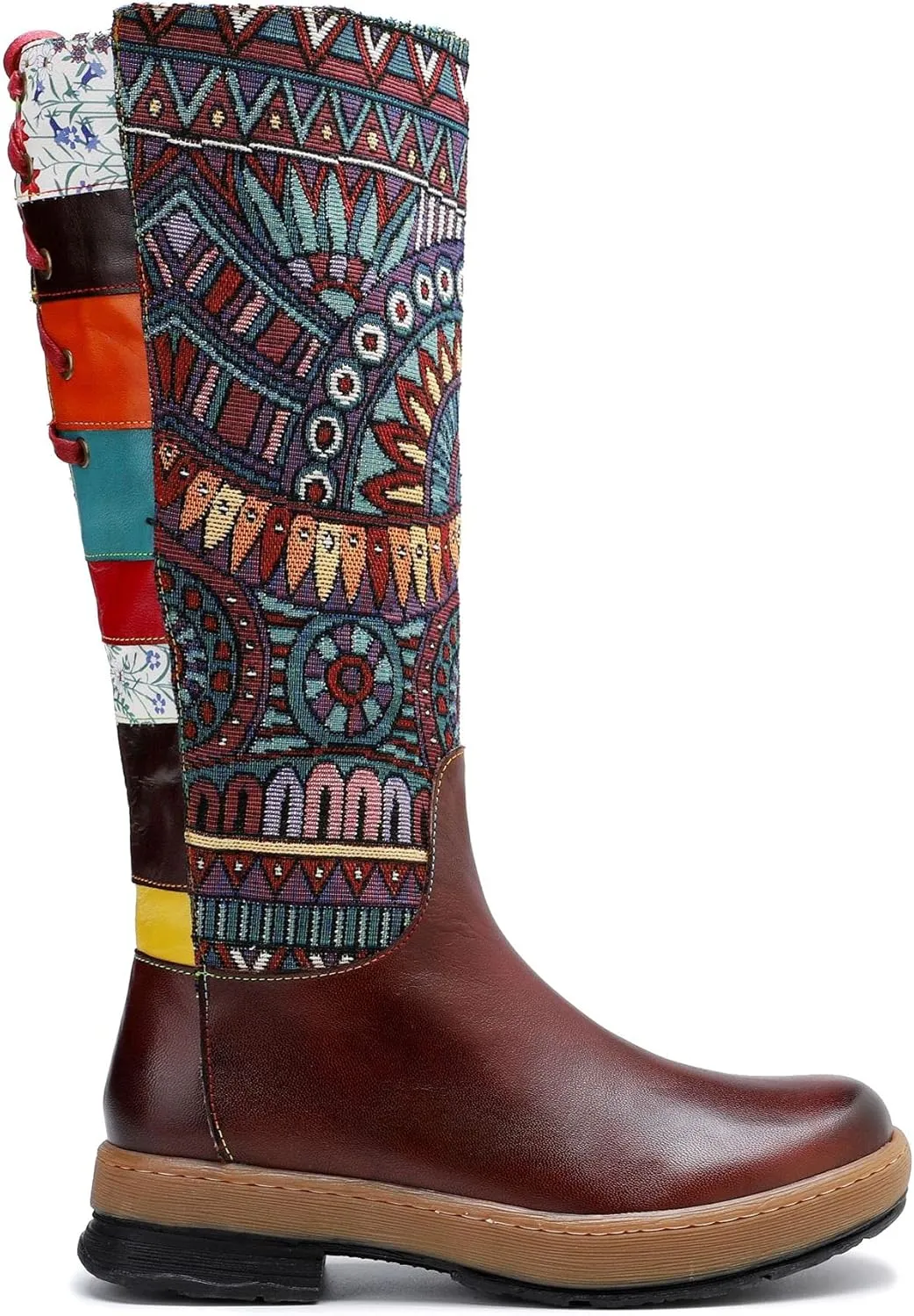 Socofy Womens Leather Knee Long Block Heels Boots, Vintage Bohemian Long Boots Handmade Flat Knee Boots Winter Snow Boots Cowgirls Wide Calf Splicing Pattern Anti Slip Walking Boots for Party Wedding