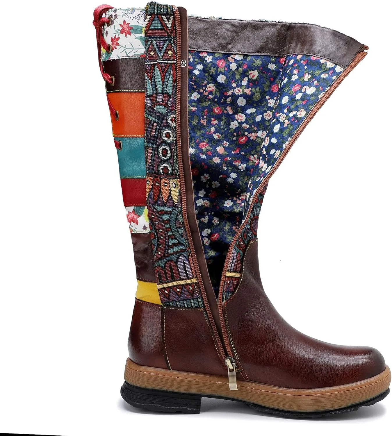 Socofy Womens Leather Knee Long Block Heels Boots, Vintage Bohemian Long Boots Handmade Flat Knee Boots Winter Snow Boots Cowgirls Wide Calf Splicing Pattern Anti Slip Walking Boots for Party Wedding