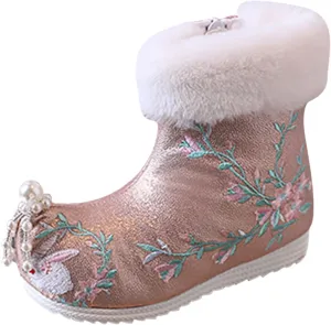 Soft Bottom Boots Baby Girls Ankle Pearl Boots Warm Cotton Boots Embroidered Boots National Boots (B, 13.5 Little Child)