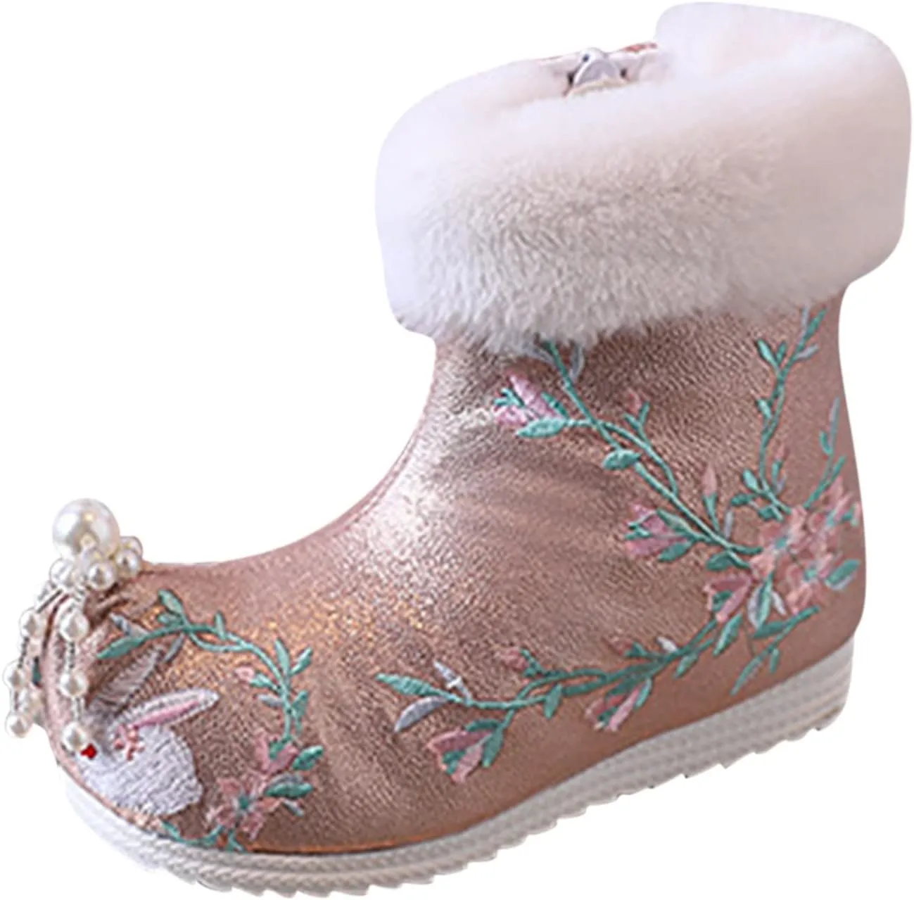 Soft Bottom Boots Baby Girls Ankle Pearl Boots Warm Cotton Boots Embroidered Boots National Boots (B, 13.5 Little Child)