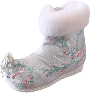 Soft Bottom Boots Baby Girls Ankle Pearl Boots Warm Cotton Boots Embroidered Boots National Boots Cotton (C, 2 Big Kids)