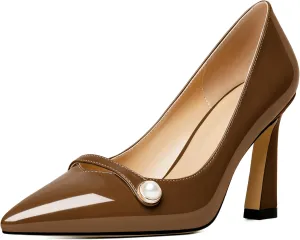 Soireelady Women High Stiletto Heel Pumps Pointed Toe Sexy Slip On 3.4 Inch Closed Toe Pearl Loafers Comfort Shoes for Wedding Office Evening