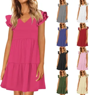 Summer Babydoll Dresses for Women 2025 Cute Ruffle Cap Sleeve V-Neck Mini Sundress Tiered Flowy Short Tunic Dress