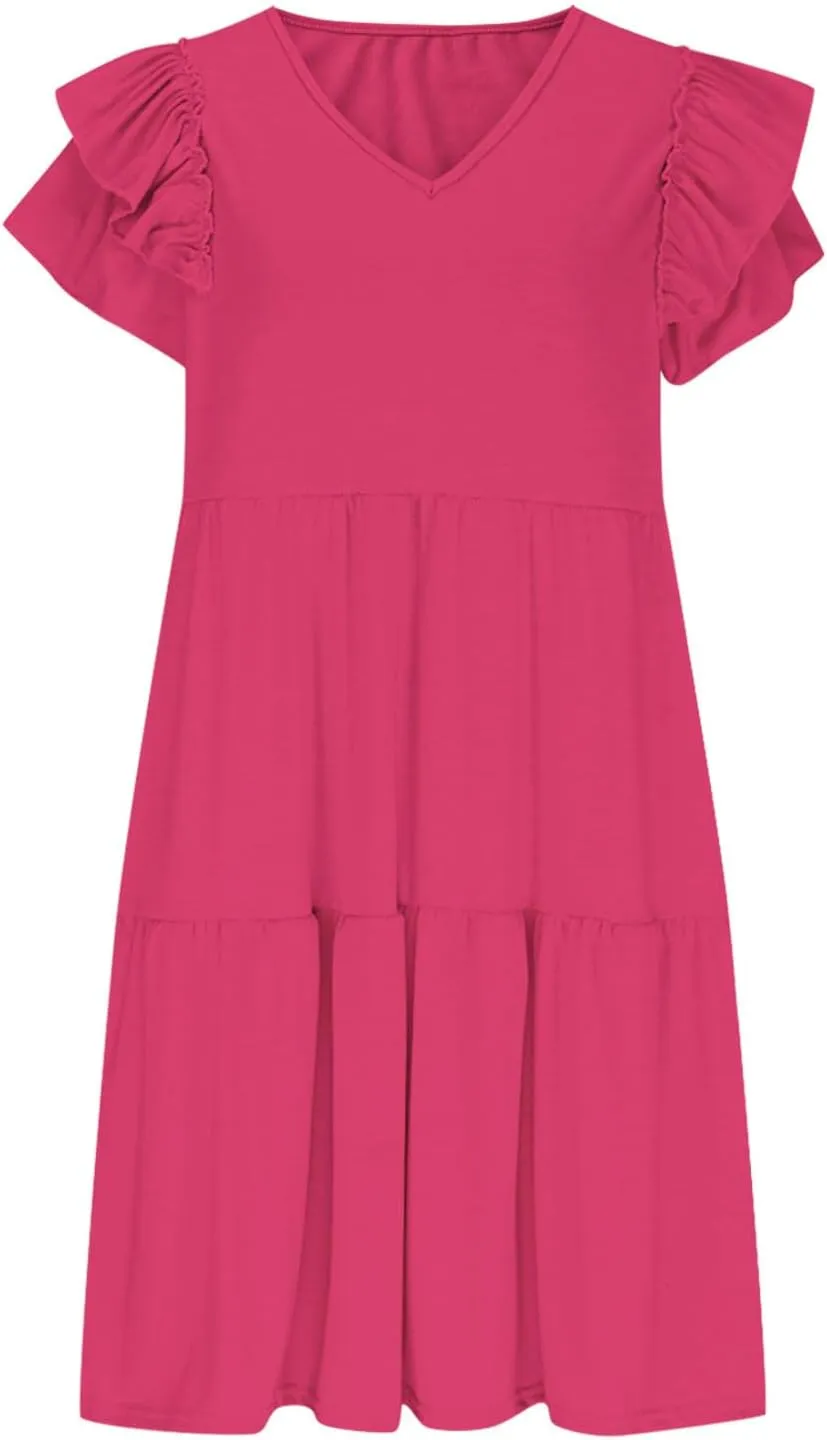 Summer Babydoll Dresses for Women 2025 Cute Ruffle Cap Sleeve V-Neck Mini Sundress Tiered Flowy Short Tunic Dress