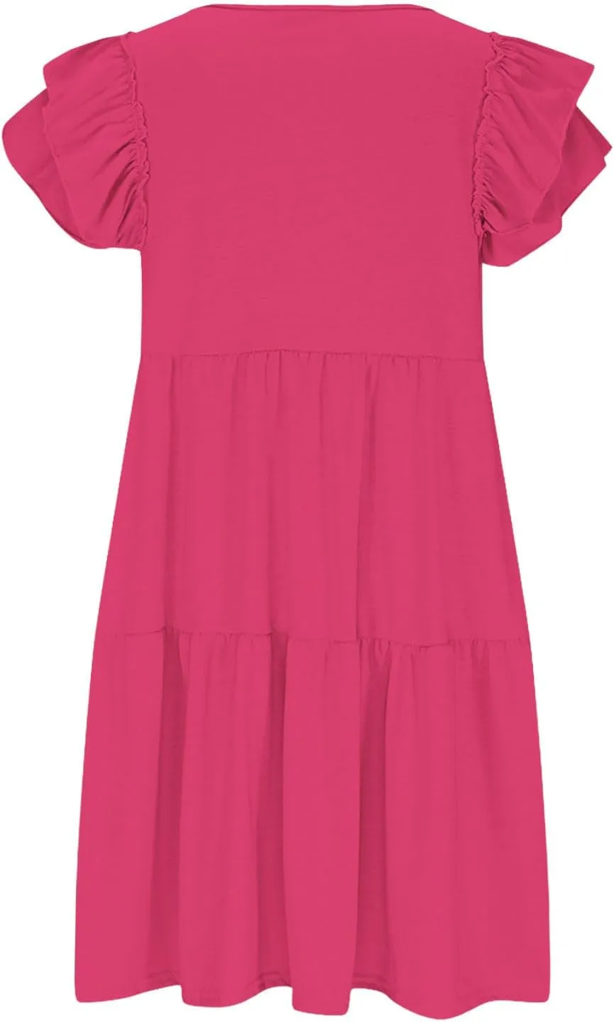 Summer Babydoll Dresses for Women 2025 Cute Ruffle Cap Sleeve V-Neck Mini Sundress Tiered Flowy Short Tunic Dress