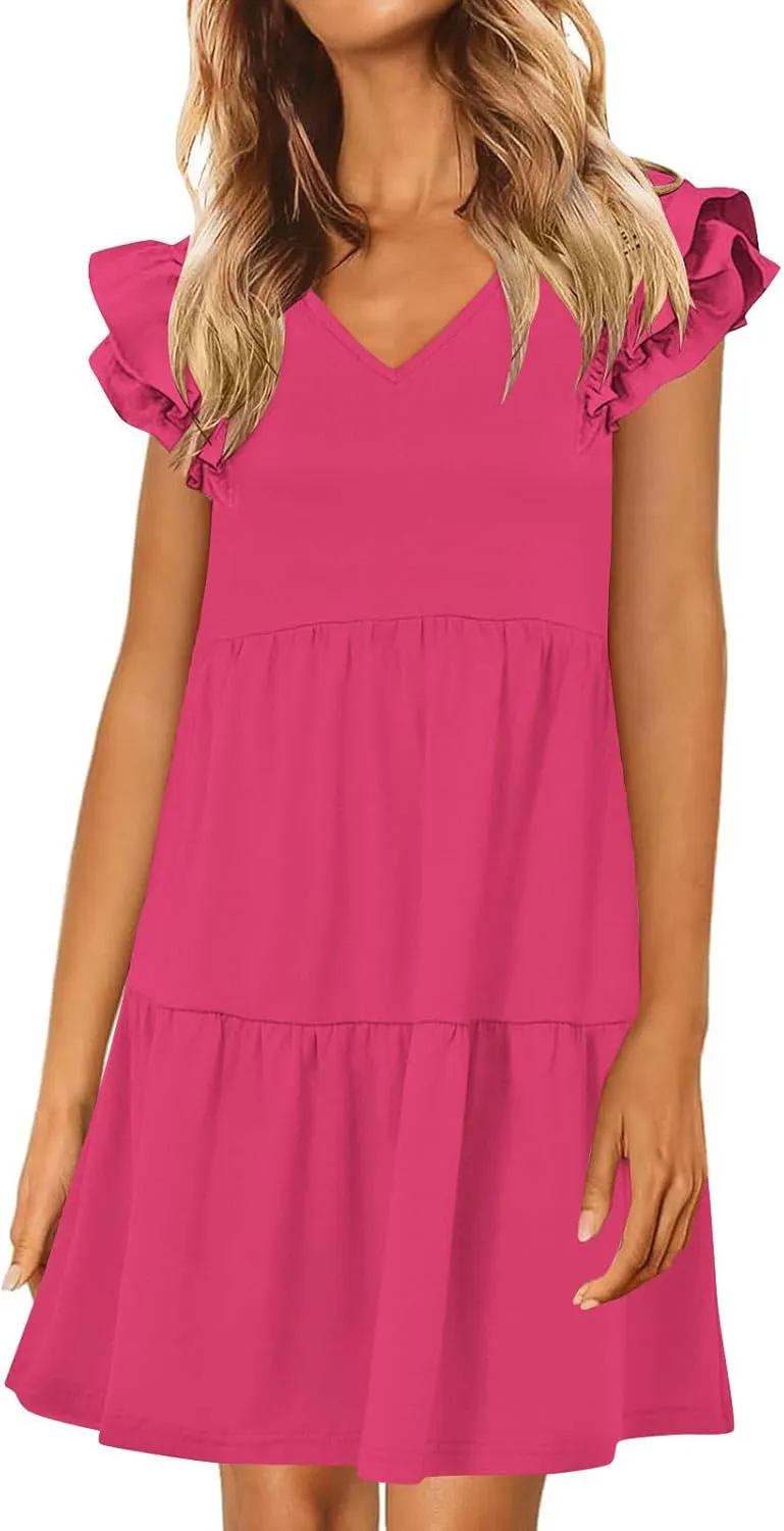 Summer Babydoll Dresses for Women 2025 Cute Ruffle Cap Sleeve V-Neck Mini Sundress Tiered Flowy Short Tunic Dress