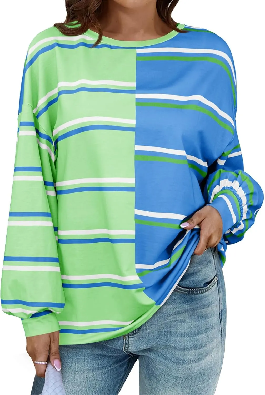Tankaneo Womens Striped Tunic Tops Oversized Long Sleeve Round Neck T Shirts Fall Casual Sweatshirts