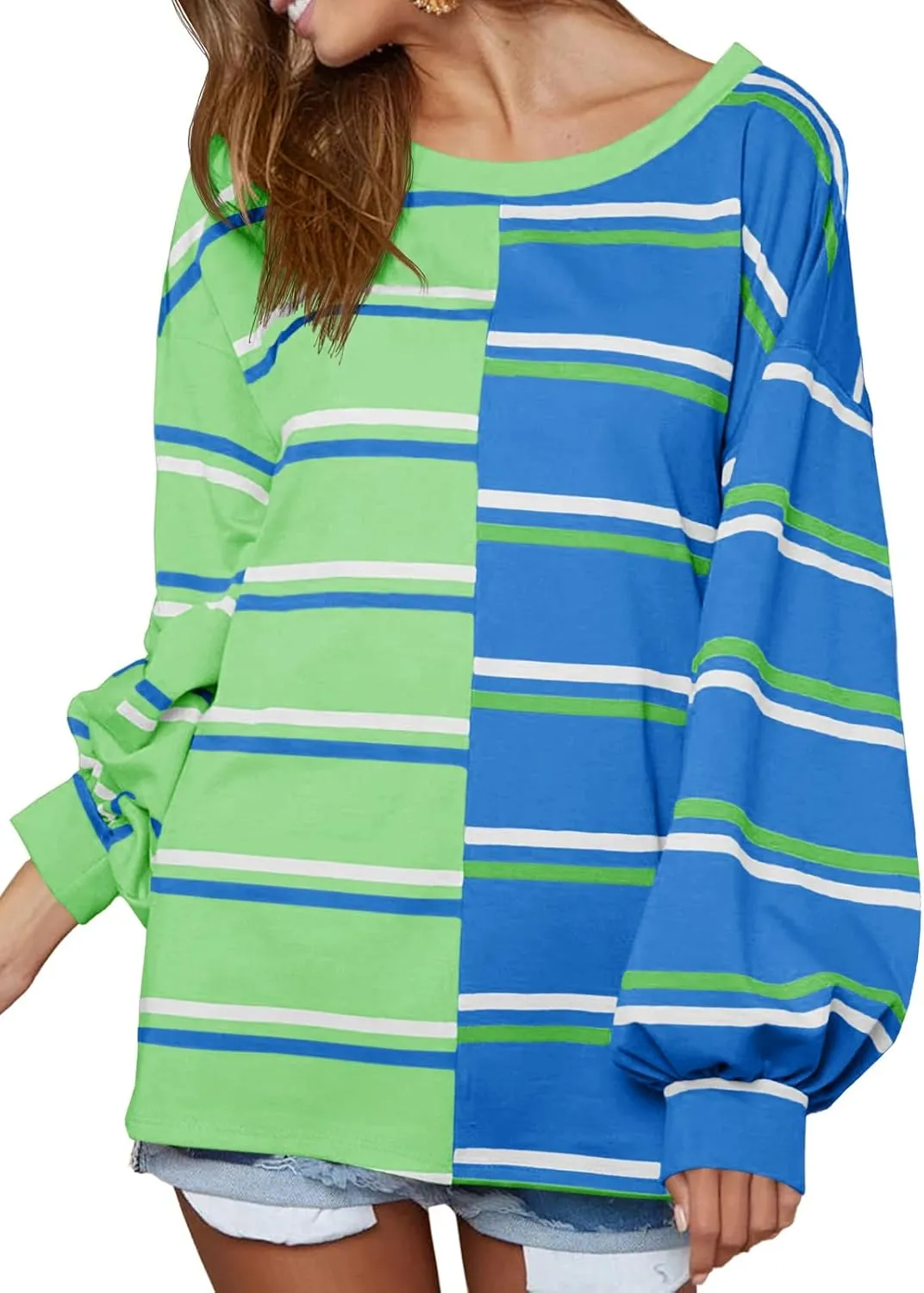 Tankaneo Womens Striped Tunic Tops Oversized Long Sleeve Round Neck T Shirts Fall Casual Sweatshirts