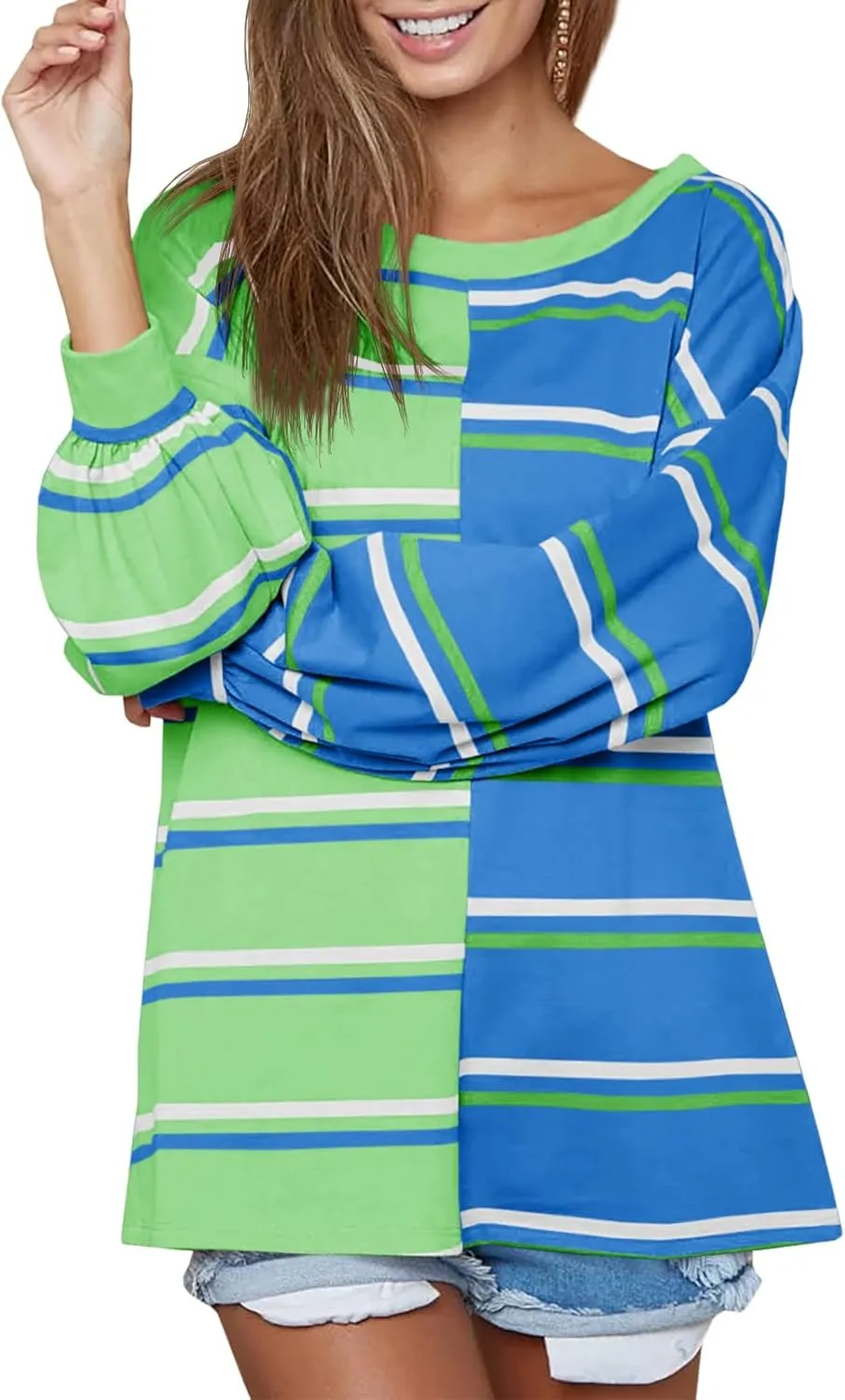 Tankaneo Womens Striped Tunic Tops Oversized Long Sleeve Round Neck T Shirts Fall Casual Sweatshirts