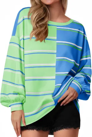 Tankaneo Womens Striped Tunic Tops Oversized Long Sleeve Round Neck T Shirts Fall Casual Sweatshirts