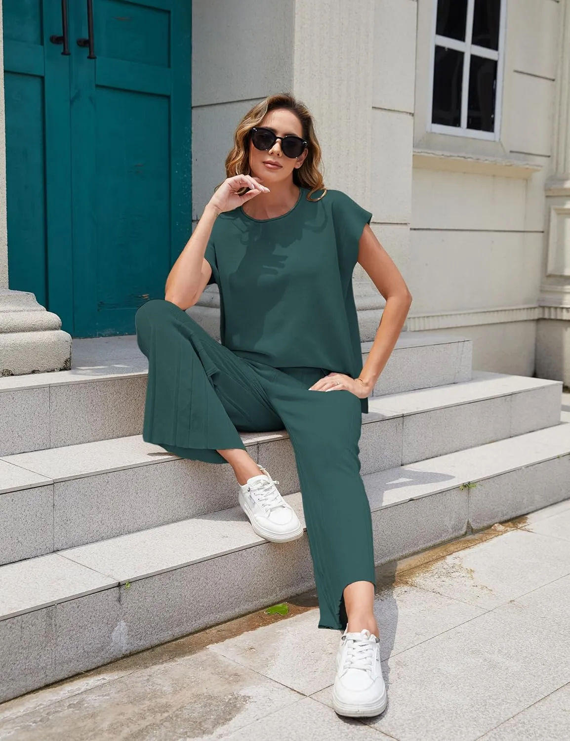 Tanming Women's 2 Piece Outfits Sweater Set Knit Pullover Tops High Waisted Pants Sweatsuits Lounge Set