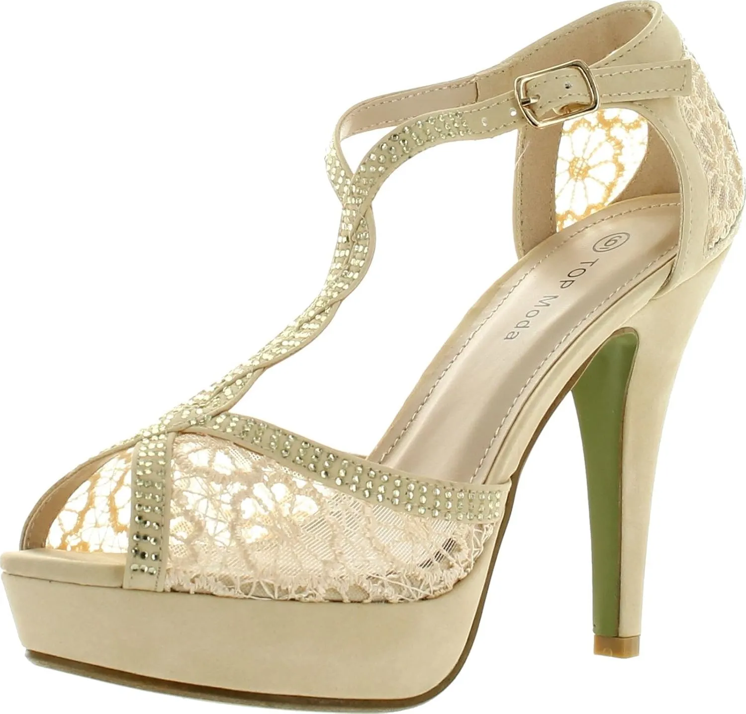 Top Moda Womens Hy5 Formal Evening Party Lace Ankle T-Strap Peep Toe Stiletto High Heel Pumps
