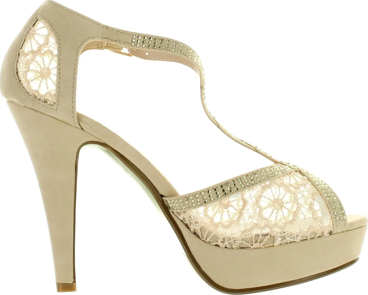 Top Moda Womens Hy5 Formal Evening Party Lace Ankle T-Strap Peep Toe Stiletto High Heel Pumps