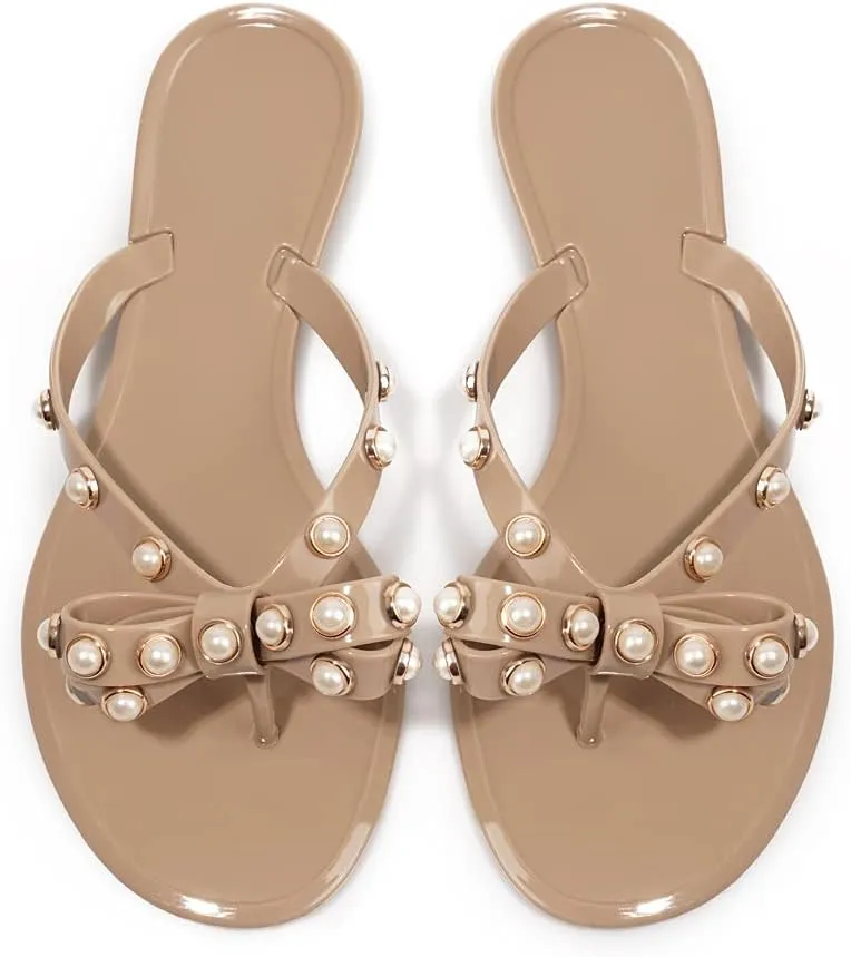 TYFLOVE Women Rivet Flip Flops Studded Jelly Thong Sandals with Bow Summer Bowtie Flat Beach Rain Shoes