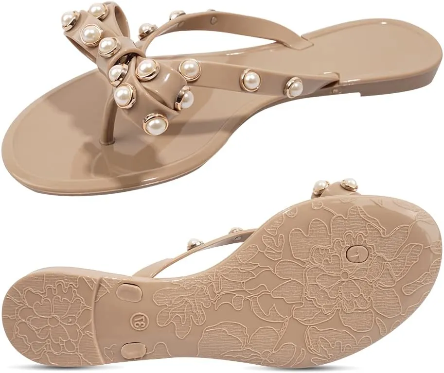TYFLOVE Women Rivet Flip Flops Studded Jelly Thong Sandals with Bow Summer Bowtie Flat Beach Rain Shoes