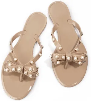 TYFLOVE Women Rivet Flip Flops Studded Jelly Thong Sandals with Bow Summer Bowtie Flat Beach Rain Shoes