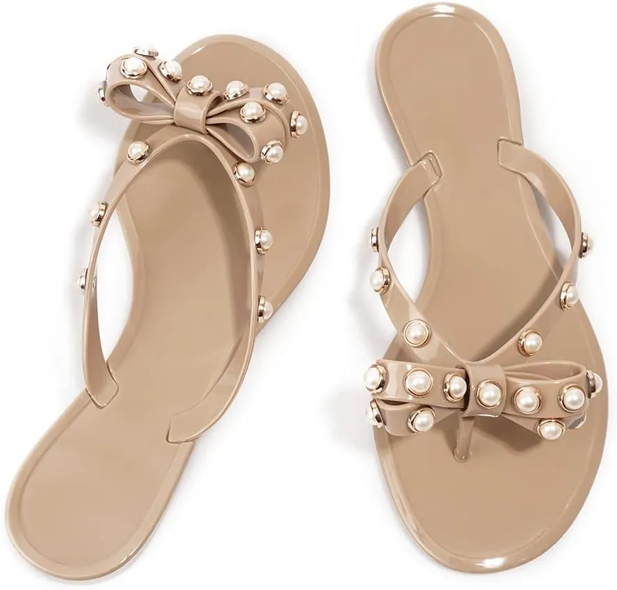 TYFLOVE Women Rivet Flip Flops Studded Jelly Thong Sandals with Bow Summer Bowtie Flat Beach Rain Shoes