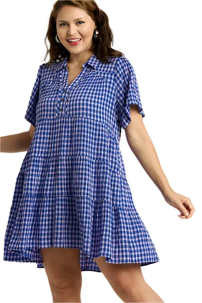 Umgee Full Size Gingham Tiered Button Detail Short Sleeve Dress Plus Size