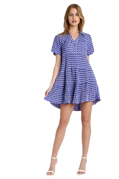 Umgee Full Size Gingham Tiered Button Detail Short Sleeve Dress Plus Size