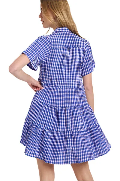 Umgee Full Size Gingham Tiered Button Detail Short Sleeve Dress Plus Size