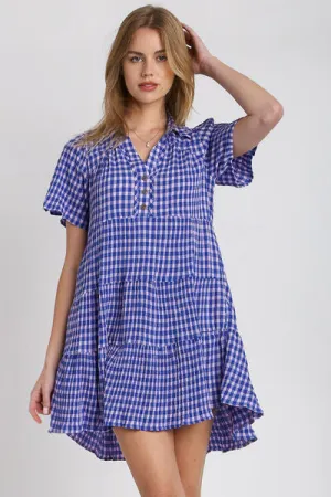 Umgee Full Size Gingham Tiered Button Detail Short Sleeve Dress