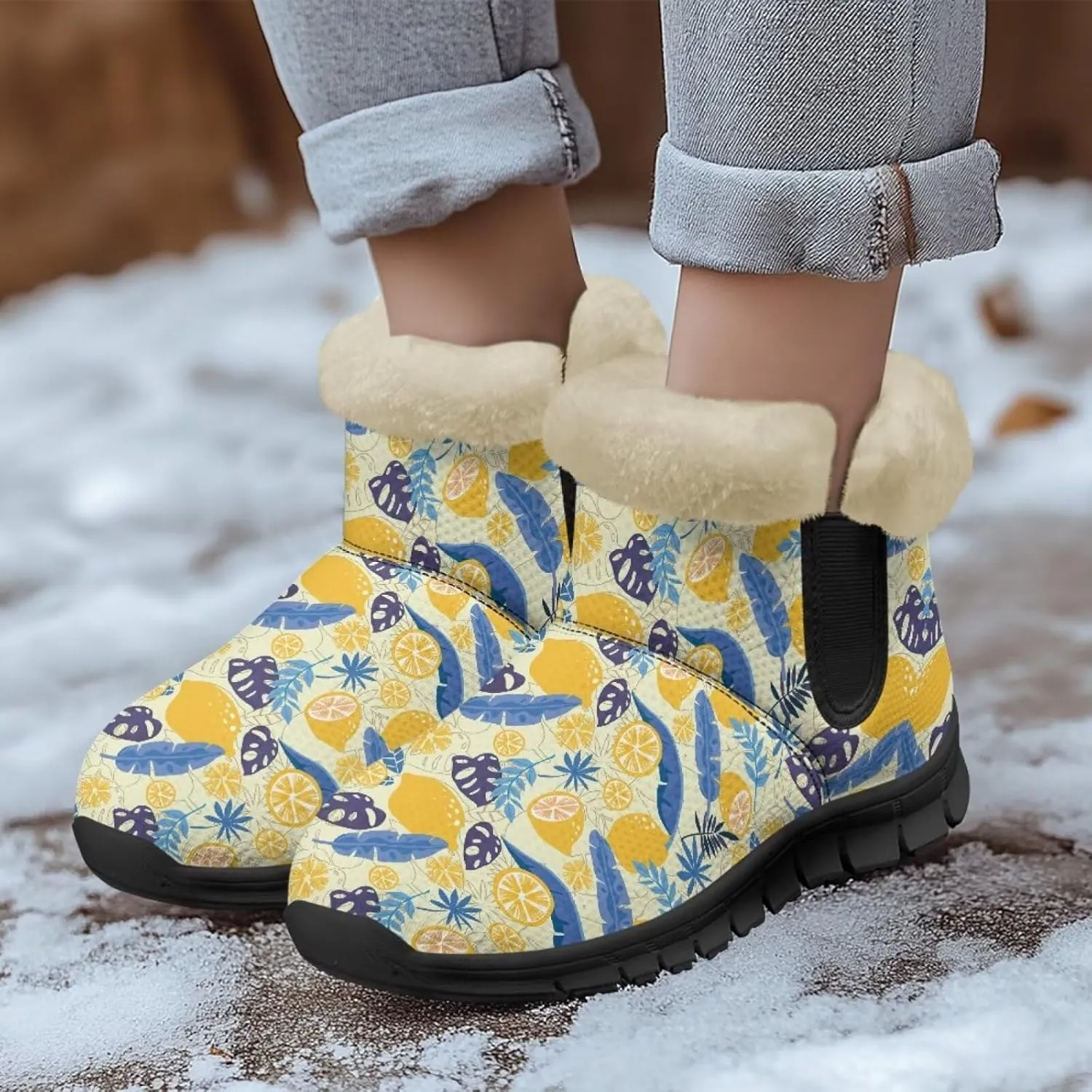UNICEU Womens Winter Boots Lightweight Faux Fur Lined Booties Warm Snow Boots Flat Slip-on Shoes for Outdoor Walking