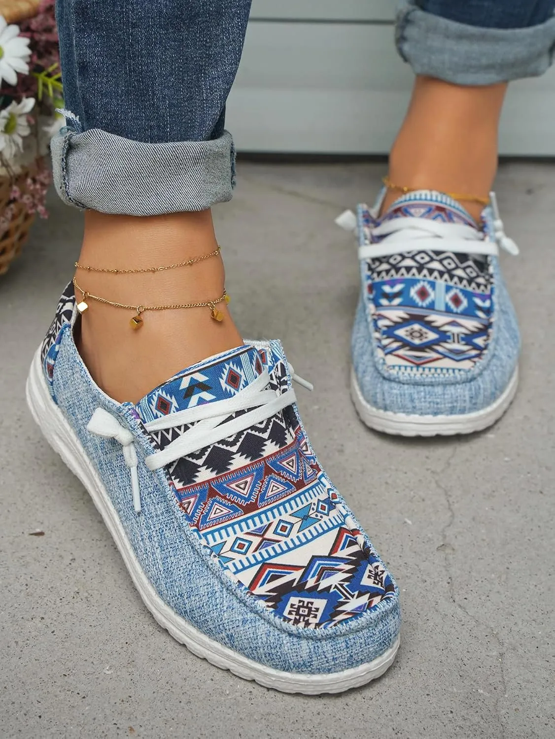 Unisex-Adult Aztec Lightweight Lace-Up Canvas Loafers Sneakers Shoes Wide Width Feet Outdoor Slip-on Flat Shoes Low Top Shoes Summer Casual Gowalk Shoes for Women Men, US Size 6-11