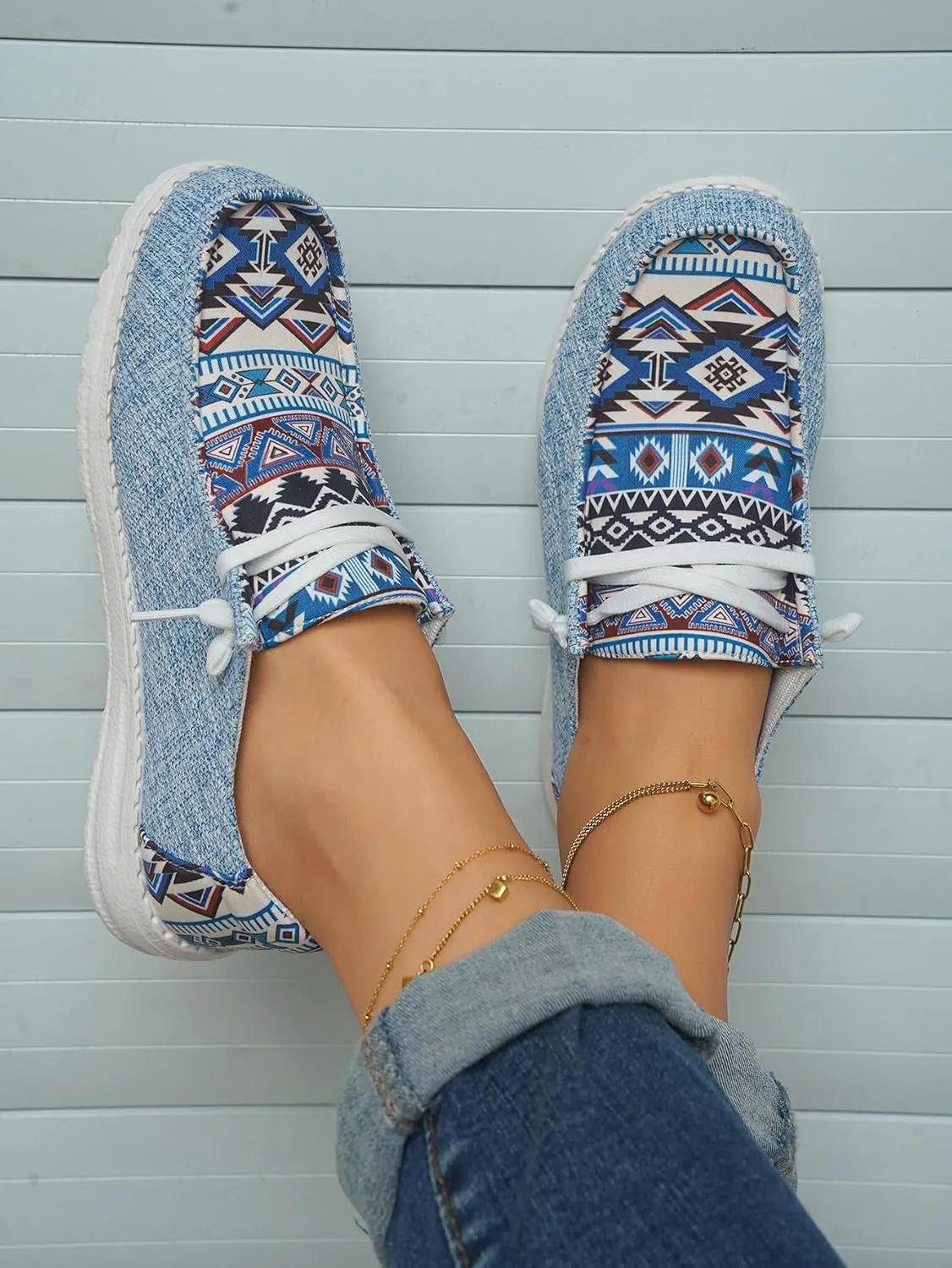 Unisex-Adult Aztec Lightweight Lace-Up Canvas Loafers Sneakers Shoes Wide Width Feet Outdoor Slip-on Flat Shoes Low Top Shoes Summer Casual Gowalk Shoes for Women Men, US Size 6-11