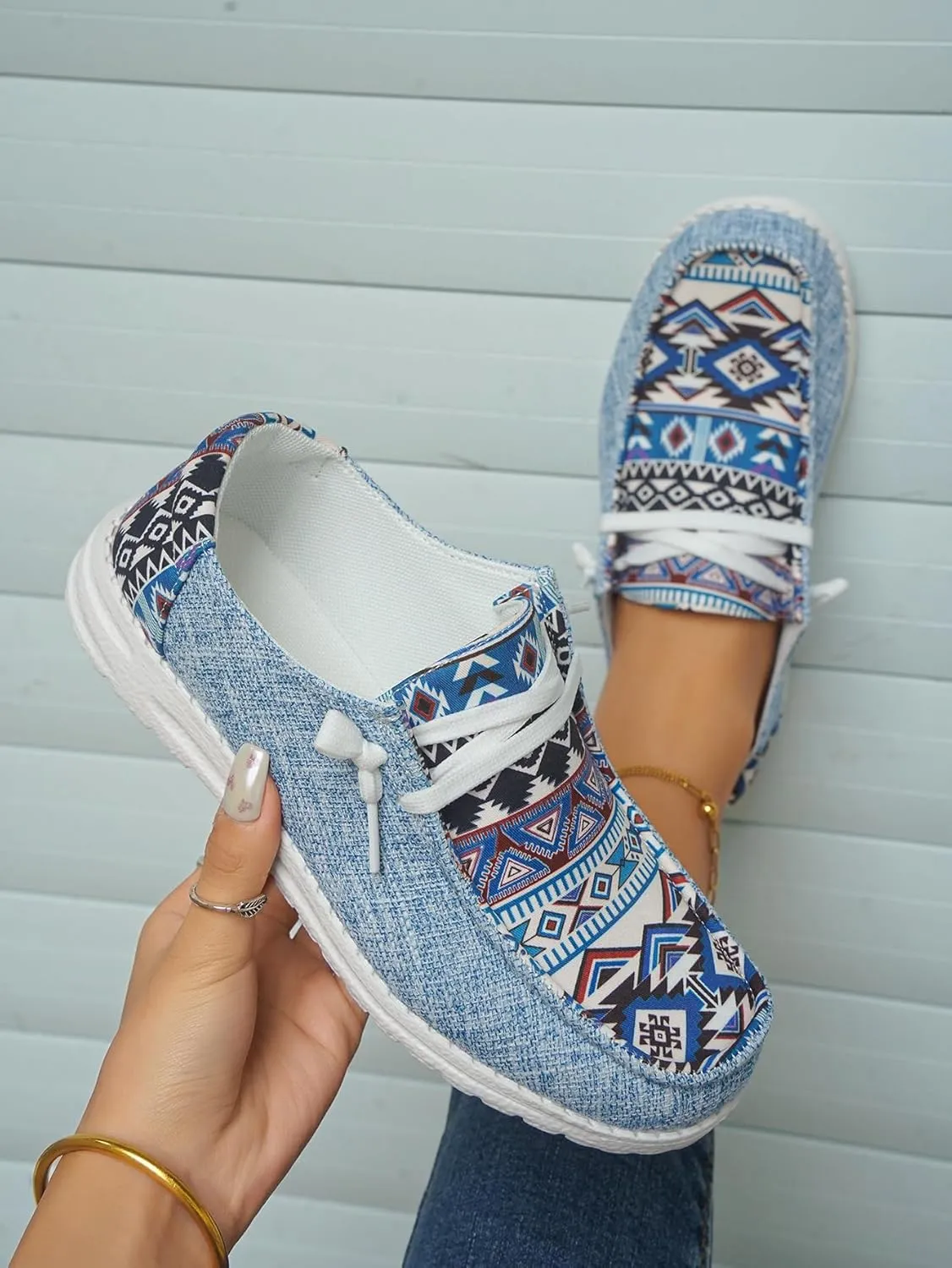 Unisex-Adult Aztec Lightweight Lace-Up Canvas Loafers Sneakers Shoes Wide Width Feet Outdoor Slip-on Flat Shoes Low Top Shoes Summer Casual Gowalk Shoes for Women Men, US Size 6-11