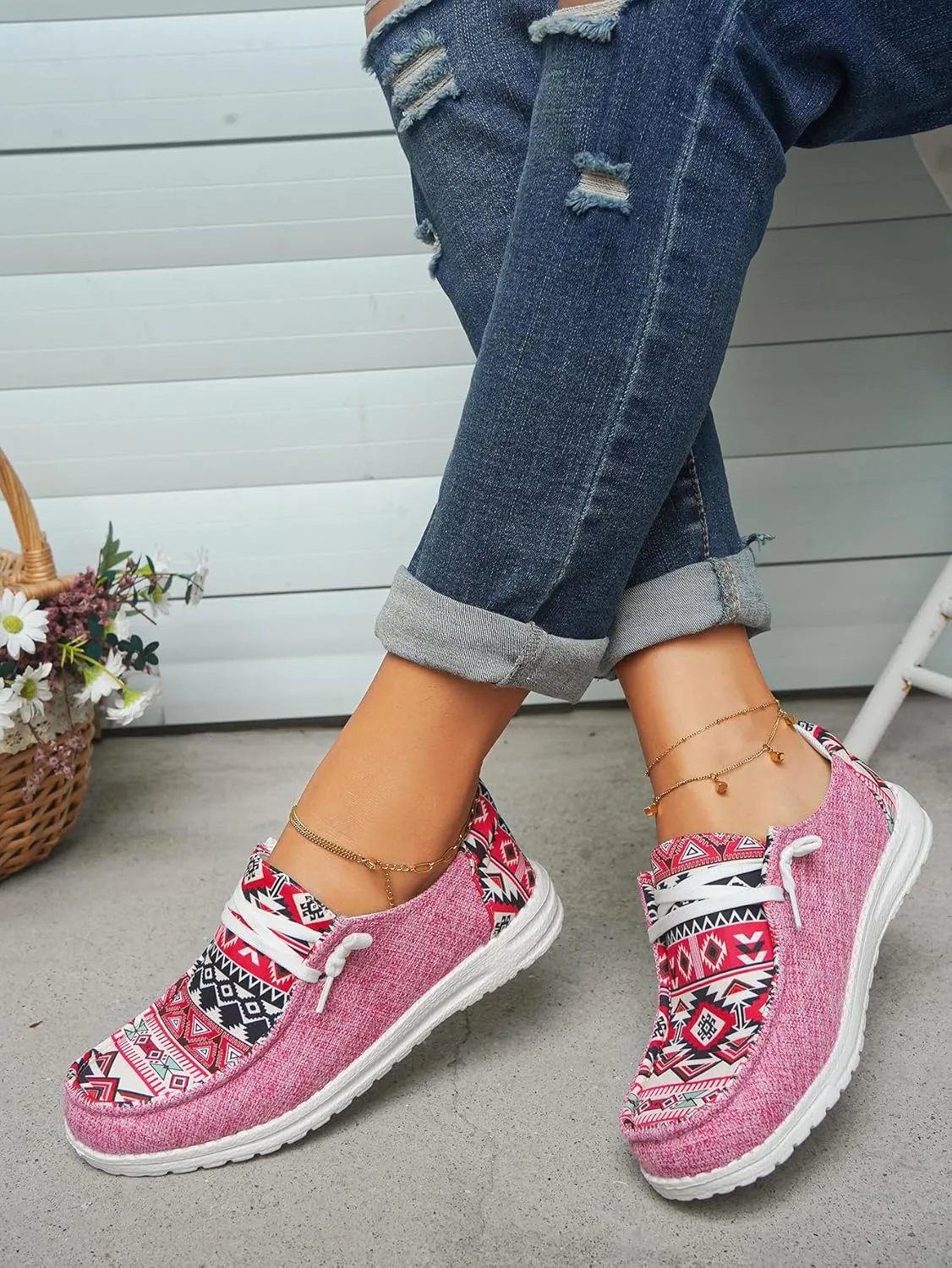 Unisex-Adult Aztec Lightweight Lace-Up Canvas Loafers Sneakers Shoes Wide Width Feet Outdoor Slip-on Flat Shoes Low Top Shoes Summer Casual Gowalk Shoes for Women Men, US Size 6-11