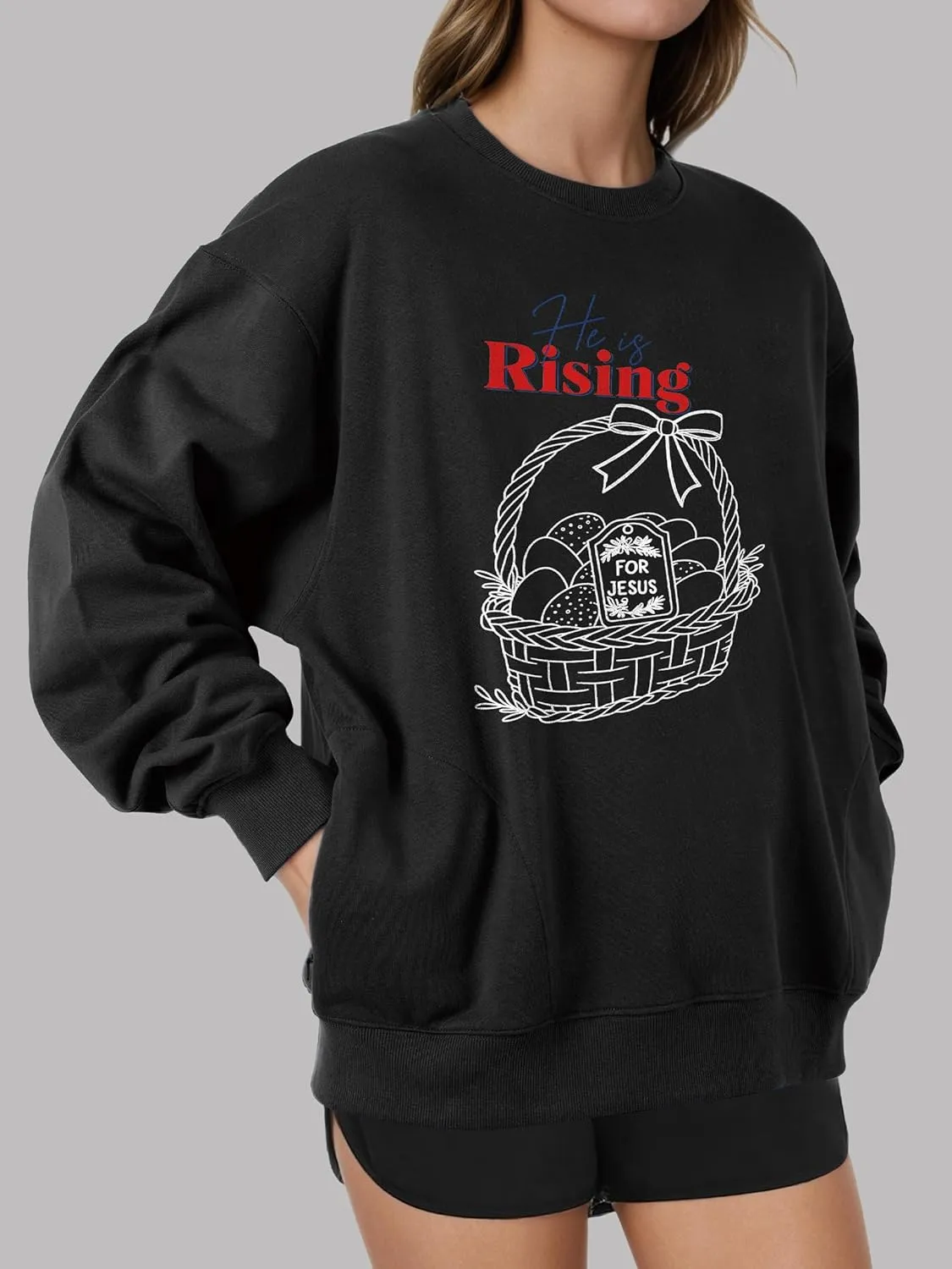 Unisex Easter Elements Graphic Letter Print Sweatshirt Crew Neck Long Sleeve Loose Pullover Tops with Pockets