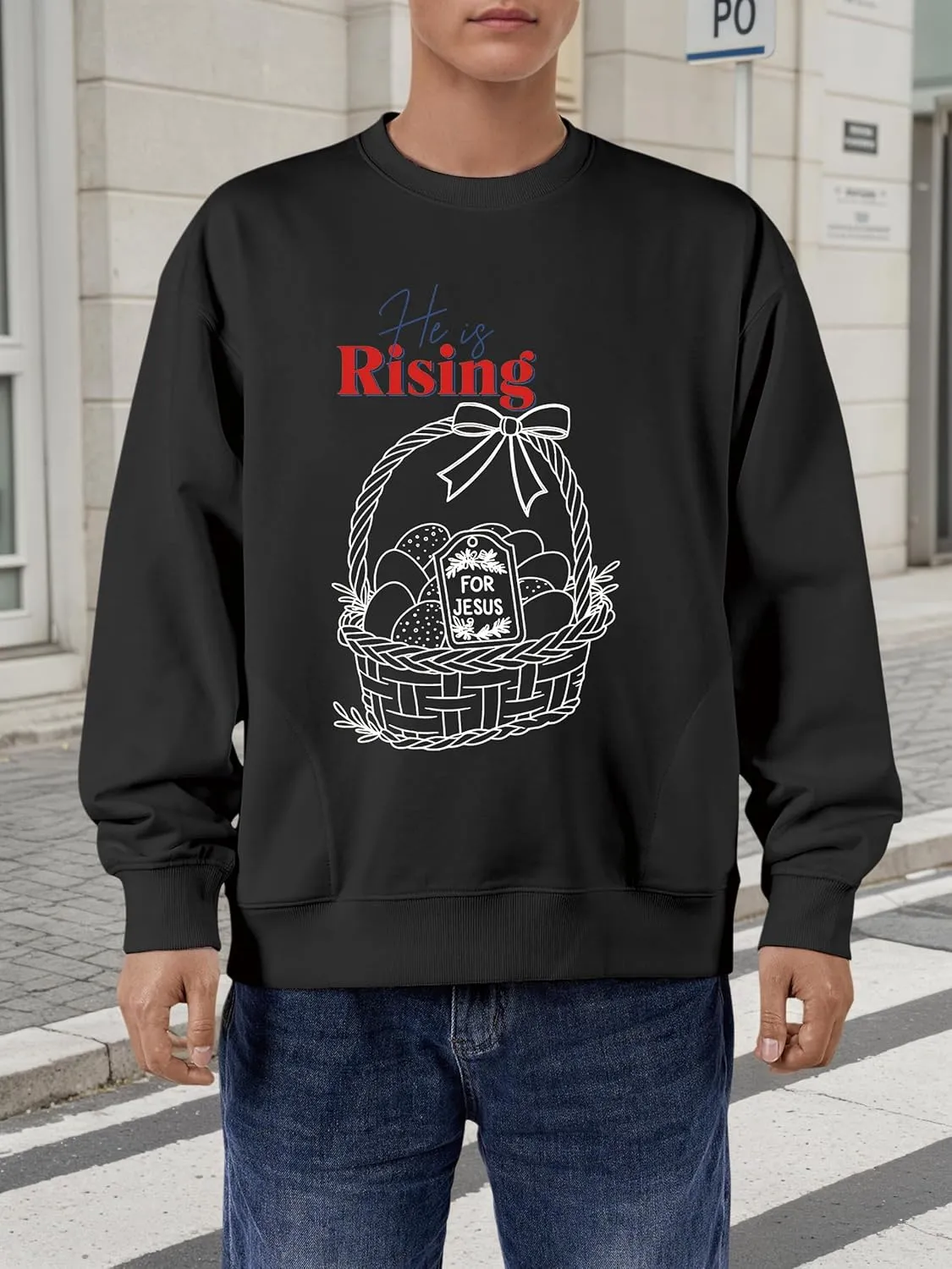 Unisex Easter Elements Graphic Letter Print Sweatshirt Crew Neck Long Sleeve Loose Pullover Tops with Pockets