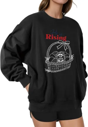 Unisex Easter Elements Graphic Letter Print Sweatshirt Crew Neck Long Sleeve Loose Pullover Tops with Pockets
