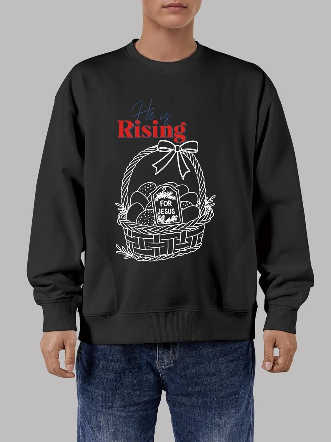 Unisex Easter Elements Graphic Letter Print Sweatshirt Crew Neck Long Sleeve Loose Pullover Tops with Pockets