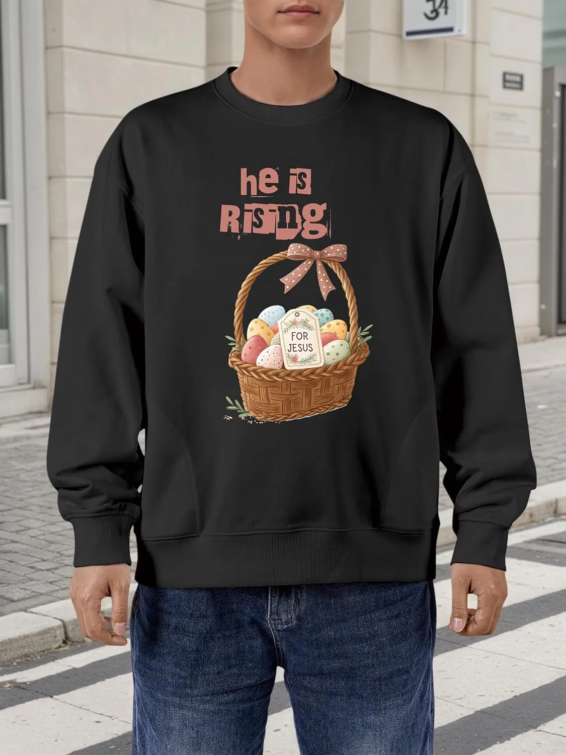 Unisex Easter Elements Graphic Letter Print Sweatshirt Crew Neck Long Sleeve Loose Pullover Tops with Pockets