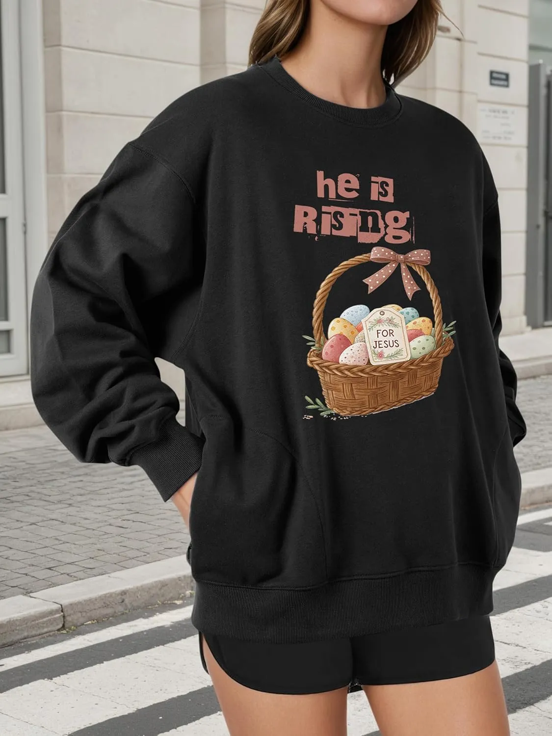 Unisex Easter Elements Graphic Letter Print Sweatshirt Crew Neck Long Sleeve Loose Pullover Tops with Pockets