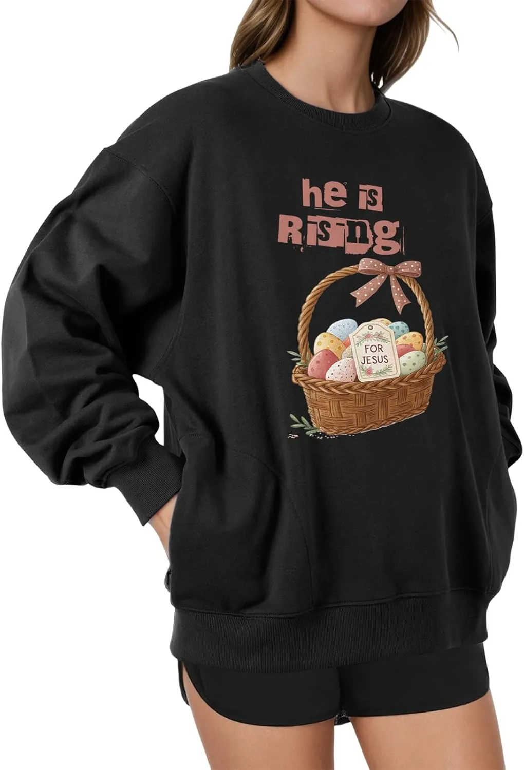 Unisex Easter Elements Graphic Letter Print Sweatshirt Crew Neck Long Sleeve Loose Pullover Tops with Pockets