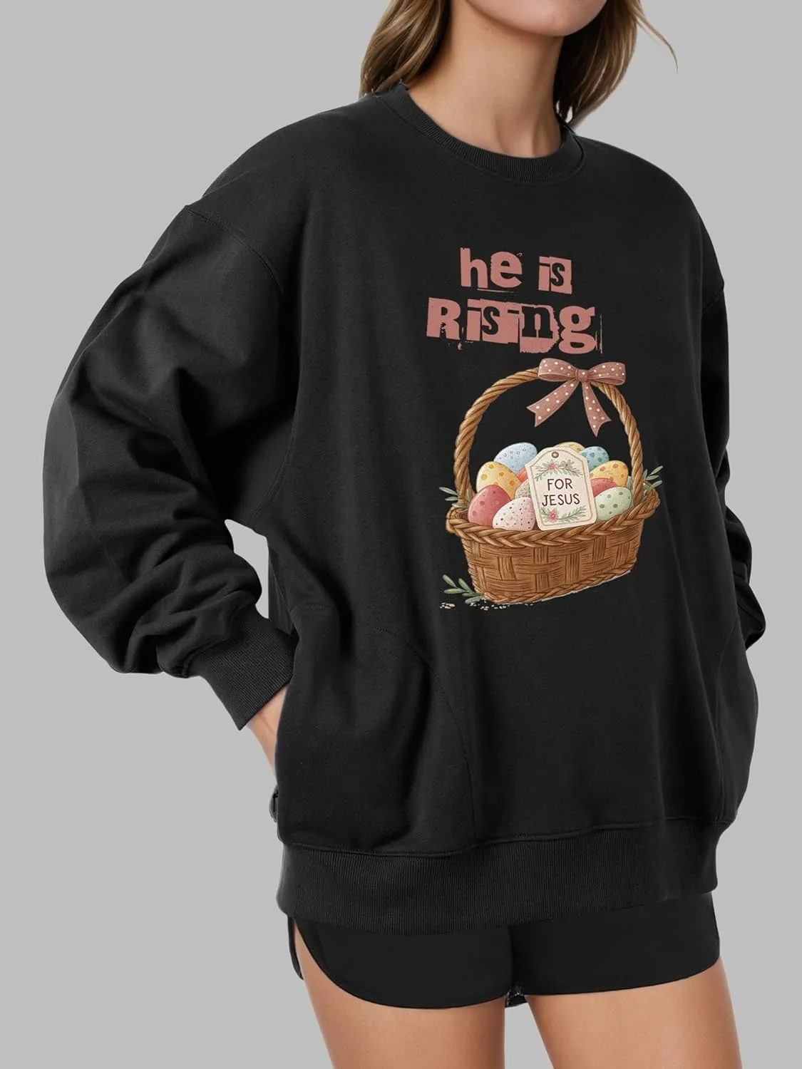 Unisex Easter Elements Graphic Letter Print Sweatshirt Crew Neck Long Sleeve Loose Pullover Tops with Pockets