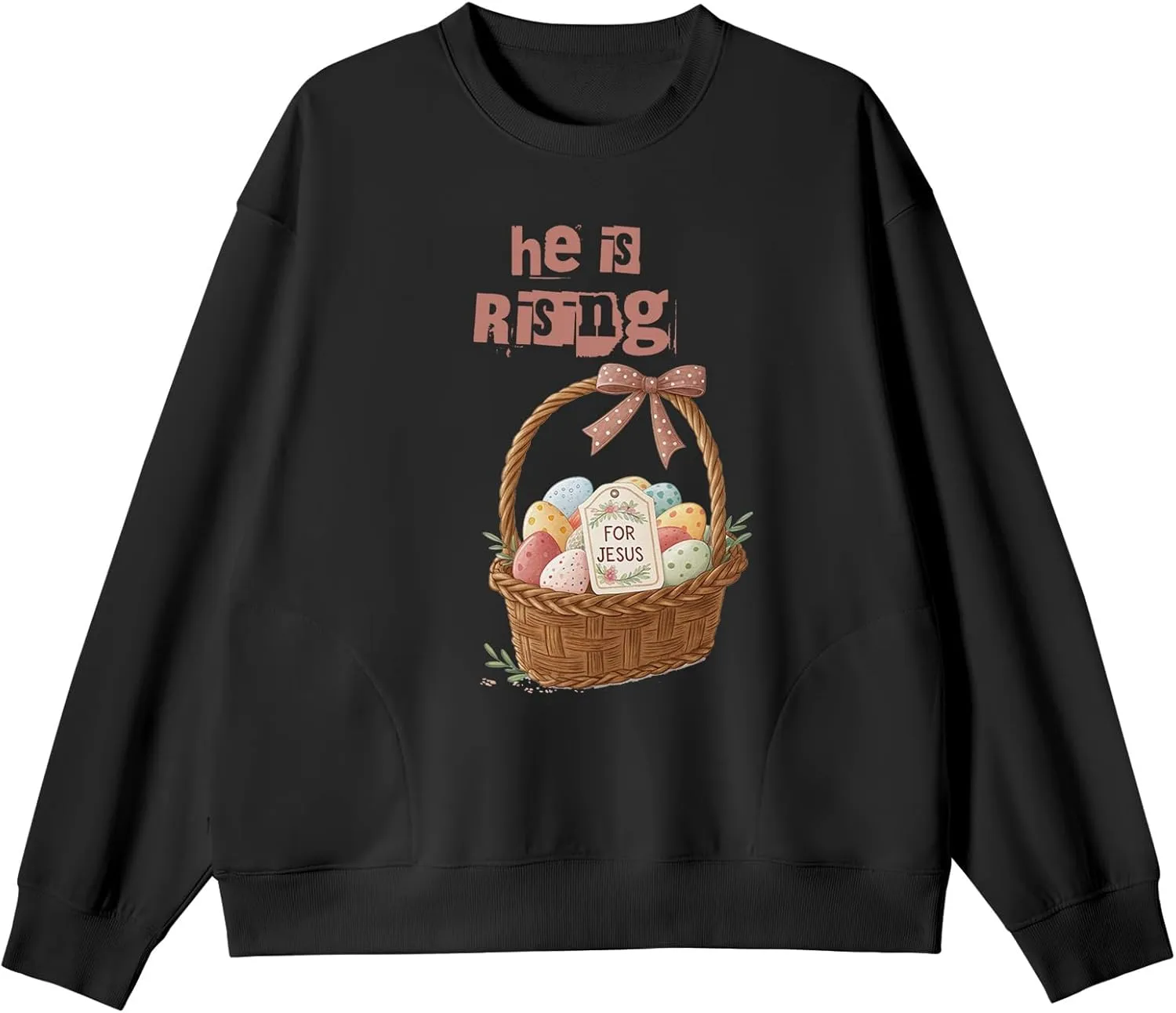 Unisex Easter Elements Graphic Letter Print Sweatshirt Crew Neck Long Sleeve Loose Pullover Tops with Pockets