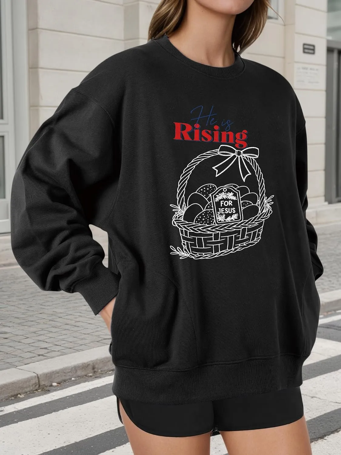 Unisex Easter Elements Graphic Letter Print Sweatshirt Crew Neck Long Sleeve Loose Pullover Tops with Pockets