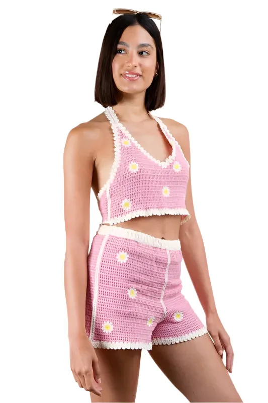 VERY J Floral Crochet Top and Shorts Set