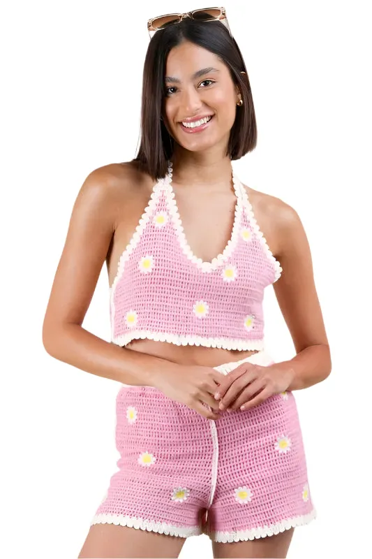 VERY J Floral Crochet Top and Shorts Set
