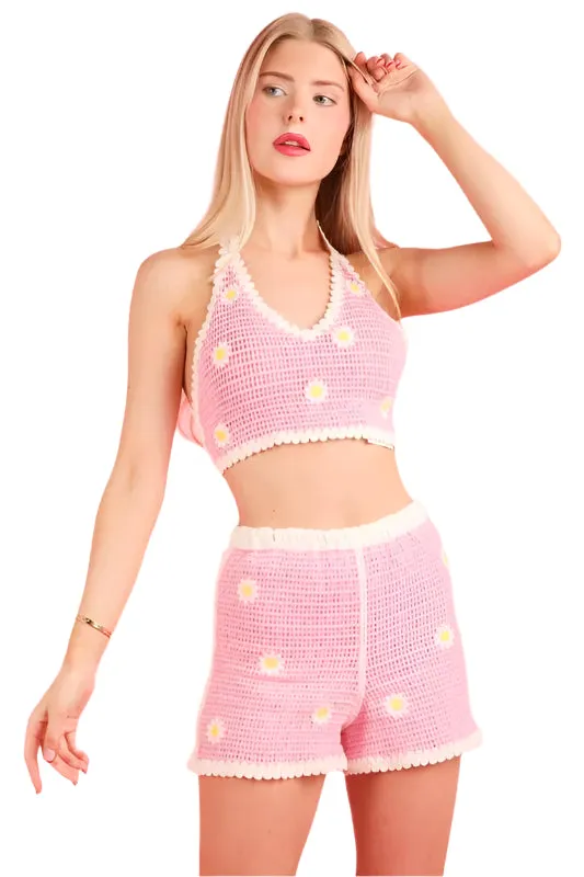 VERY J Floral Crochet Top and Shorts Set