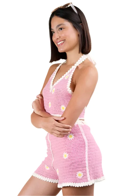 VERY J Floral Crochet Top and Shorts Set