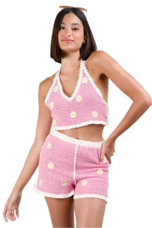 VERY J Floral Crochet Top and Shorts Set
