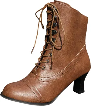 Victorian Boots for Women Vintage Ankle Short Boots Lace Up for Women Side Zipper Block Chunky Mid Heel Shoes