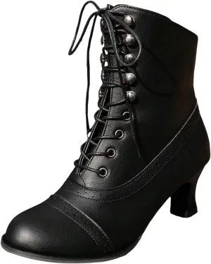Victorian Boots for Women Vintage Granny Boots Renaissance Lace Up Low Heel Booties with Side Zippers Ankle Boots
